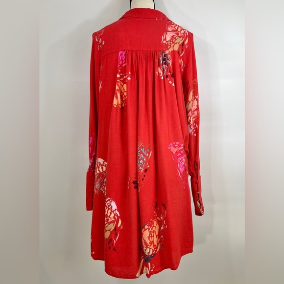 Free People Field of Butterflies Oversized Red Orange Long Sleeve Tunic size S - Picture 7 of 13